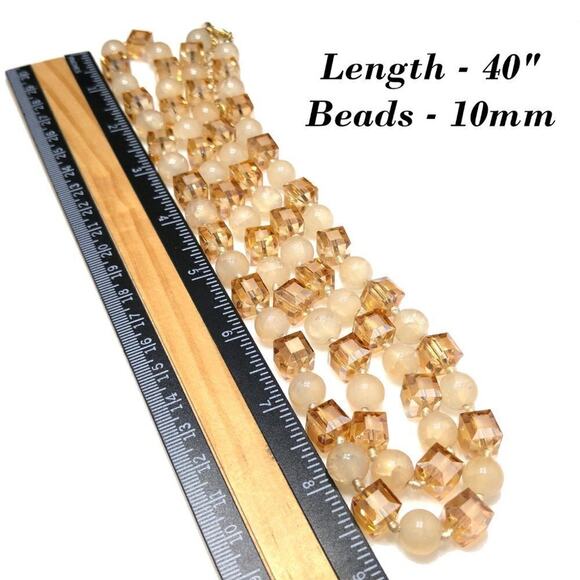 Square Crystal Light Topaz Crackle Glass Beaded Long Necklace, 40" Hand-knotted - Picture 8 of 10